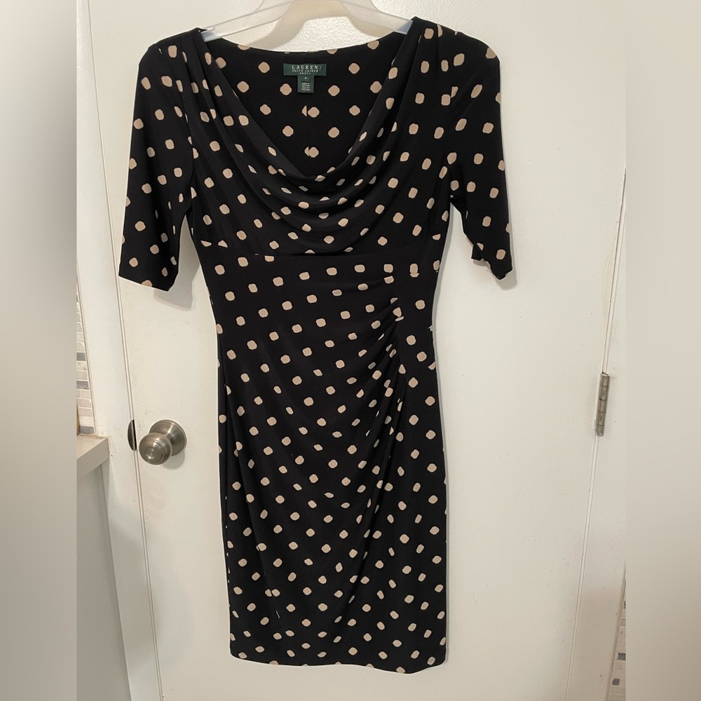 Lauren Ralph Lauren Black beige Polka dot long Sleeve lined Pencil Midi dress 4